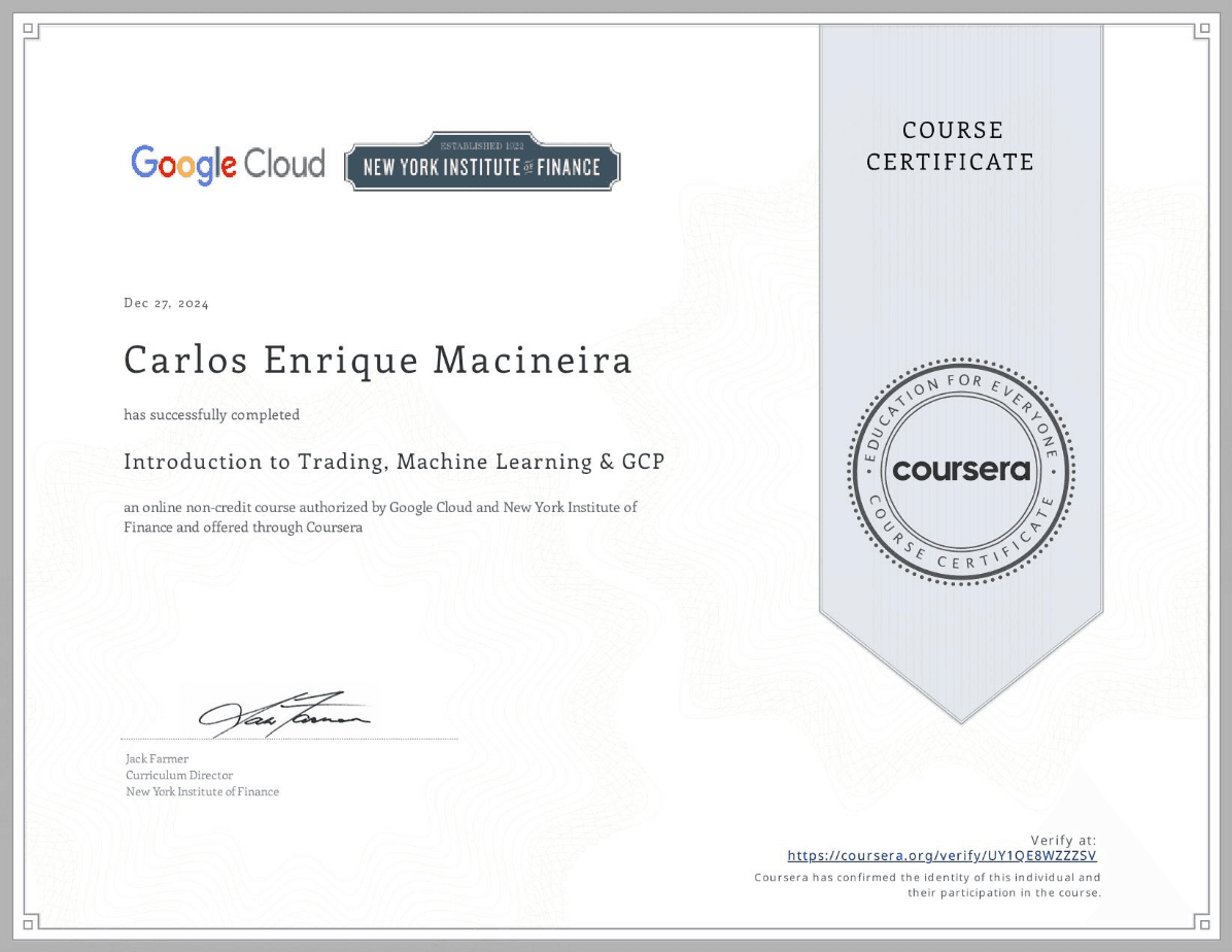 Introduction to Trading, Machine Learning & GCP Certificate